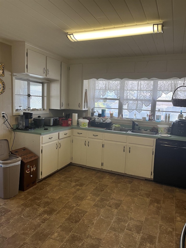 kitchen featuring white cabinets, dishwasher, wooden ceiling, and a sink