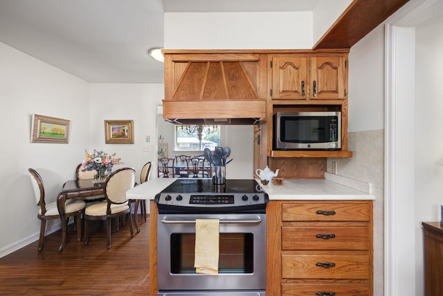 kitchen featuring stainless steel appliances, dark hardwood / wood-style floors, and custom exhaust hood