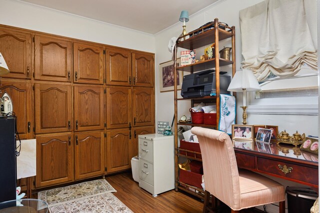 office space featuring crown molding and dark wood-type flooring