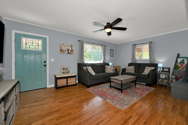  - living room featuring crown molding, a ceiling fan, light wood-style floors, and healthy amount of natural light