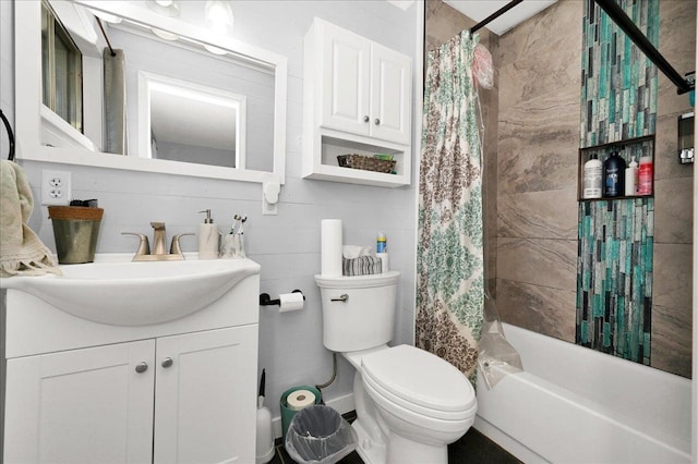  - bathroom with vanity, toilet, and shower / tub combo with curtain