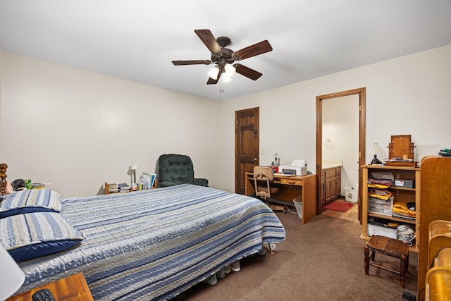 bedroom with carpet flooring, connected bathroom, and ceiling fan