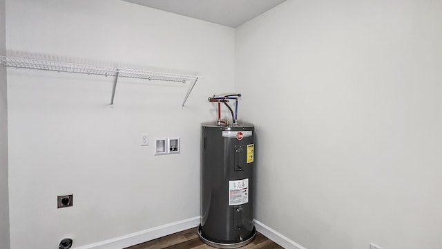 clothes washing area with electric dryer hookup, washer hookup, wood-type flooring, and electric water heater