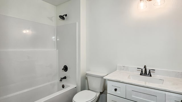 full bathroom with vanity, bathtub / shower combination, and toilet