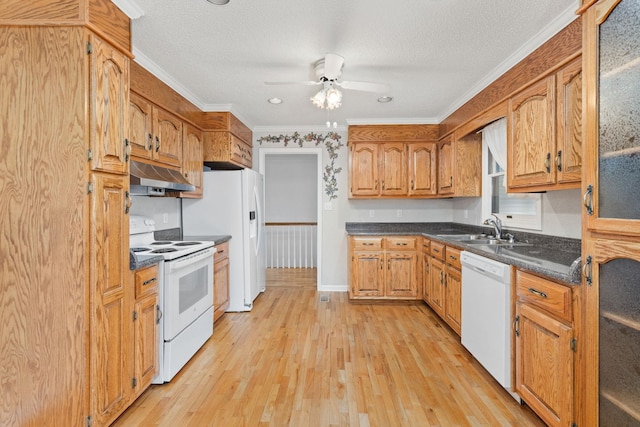 kitchen featuring crown molding, sink, white appliances, and light wood-type flooring