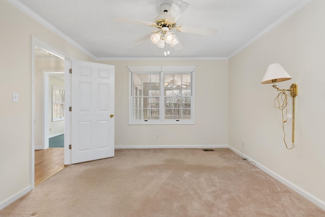 carpeted empty room with crown molding, ceiling fan, and a textured ceiling