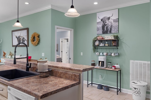 kitchen with white dishwasher, decorative light fixtures, light tile patterned flooring, and sink