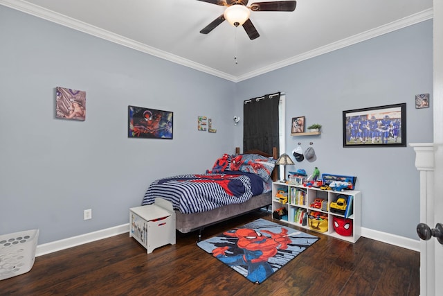 bedroom with ceiling fan, dark hardwood / wood-style floors, and ornamental molding