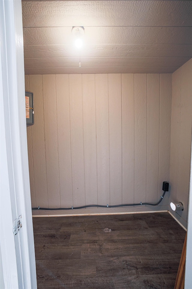 basement featuring dark hardwood / wood-style floors and wood walls