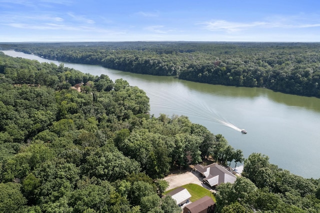 drone / aerial view with a water view and a view of trees