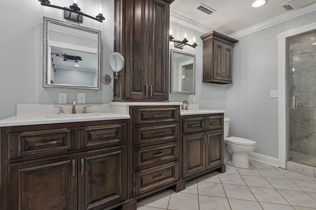 bathroom featuring a stall shower, visible vents, a sink, and ornamental molding