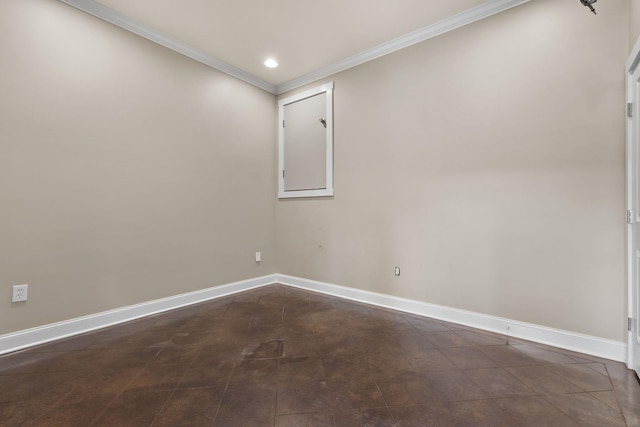 spare room with crown molding, recessed lighting, and baseboards