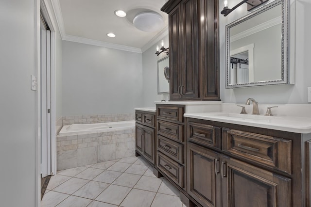 bathroom with ornamental molding, a garden tub, vanity, and tile patterned floors