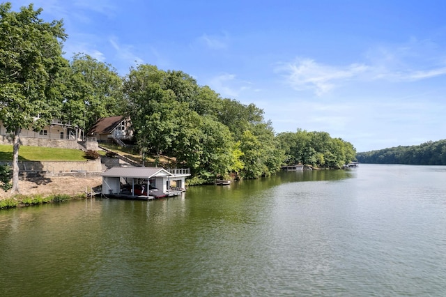 view of water feature with a dock