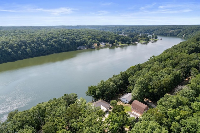 drone / aerial view featuring a water view and a view of trees