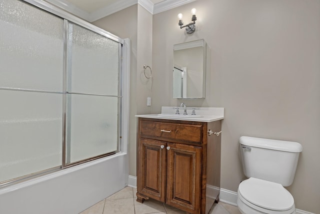 full bath with toilet, vanity, baseboards, combined bath / shower with glass door, and tile patterned floors