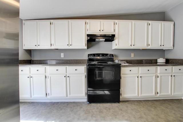 kitchen with extractor fan, vaulted ceiling, electric range, stainless steel fridge, and white cabinets