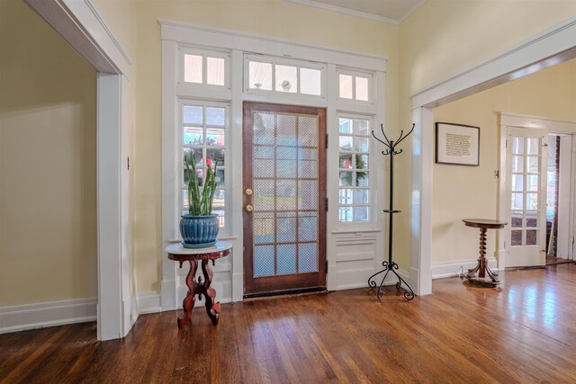 entrance foyer with dark hardwood / wood-style floors and ornamental molding