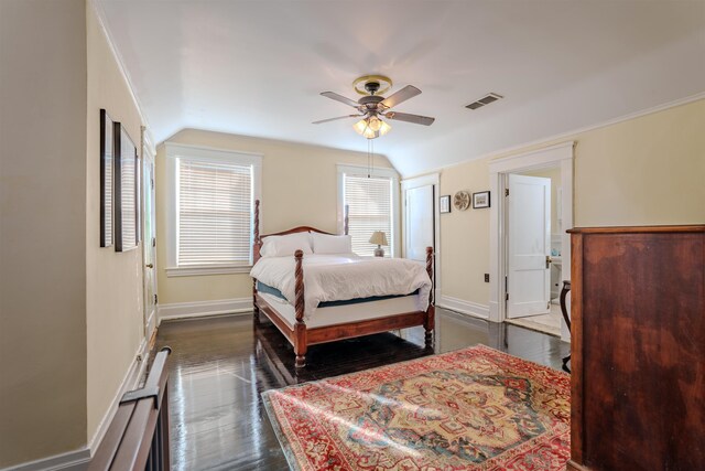 bedroom with dark hardwood / wood-style floors, ceiling fan, and lofted ceiling