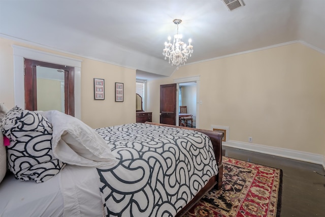 bedroom featuring hardwood / wood-style floors, vaulted ceiling, an inviting chandelier, and crown molding