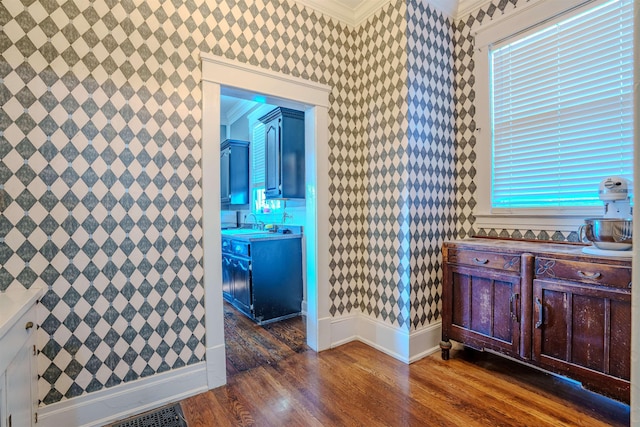 bathroom featuring wood-type flooring and ornamental molding