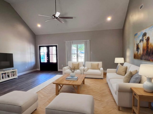 living room featuring french doors, ceiling fan, parquet flooring, and high vaulted ceiling