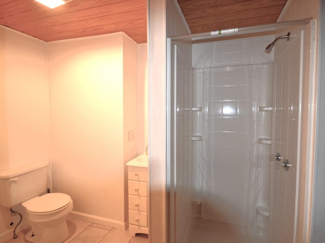 bathroom featuring tile patterned flooring, toilet, wooden ceiling, and a shower