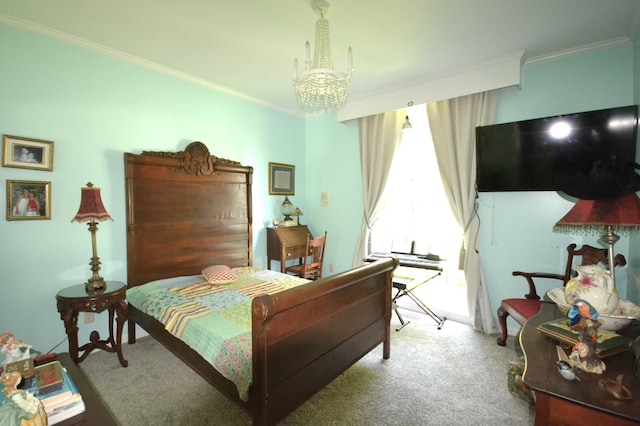 carpeted bedroom featuring ornamental molding and an inviting chandelier