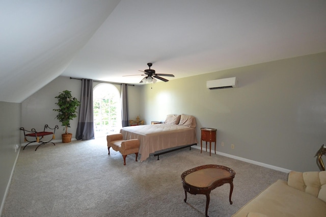 bedroom featuring an AC wall unit, ceiling fan, light colored carpet, and lofted ceiling