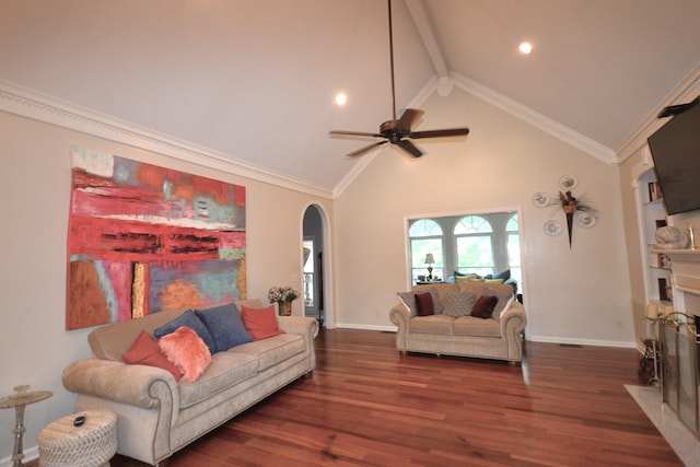 living room with dark wood-type flooring, high vaulted ceiling, ceiling fan, and crown molding