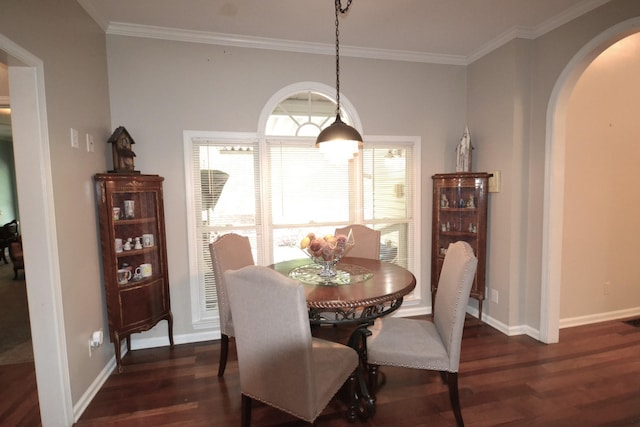 dining room with dark hardwood / wood-style flooring and crown molding