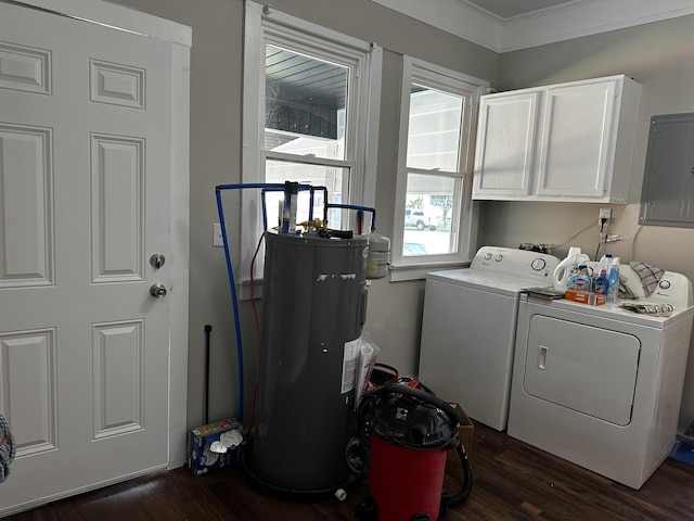 clothes washing area with cabinets, ornamental molding, electric water heater, washing machine and clothes dryer, and electric panel