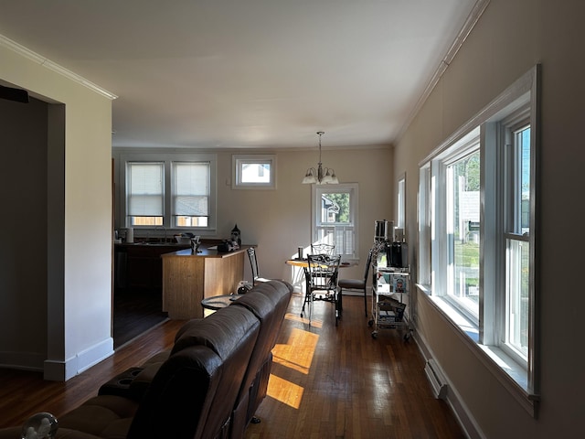 living room featuring a wealth of natural light, crown molding, dark wood-type flooring, and a chandelier