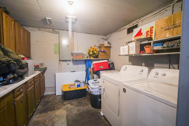 laundry room featuring washing machine and clothes dryer and electric panel