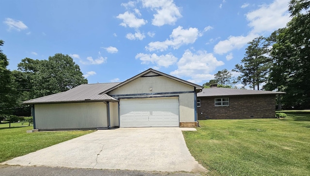  - ranch-style home featuring a garage, a front lawn, driveway, and metal roof