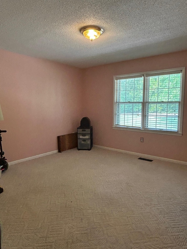  - spare room with carpet floors, a textured ceiling, and baseboards
