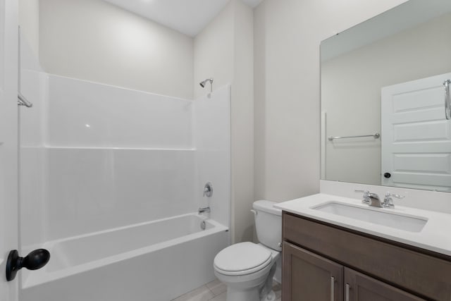 full bathroom with bathtub / shower combination, tile patterned floors, vanity, and toilet