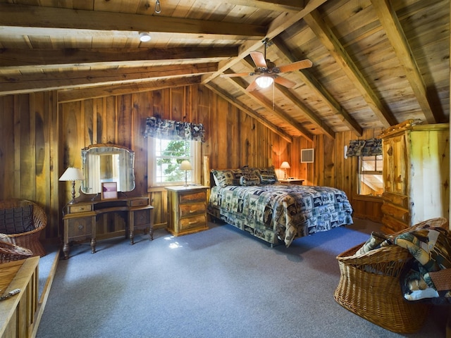 carpeted bedroom featuring vaulted ceiling with beams, ceiling fan, wood ceiling, and wooden walls