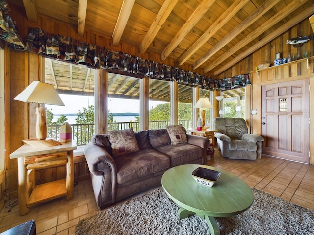 sunroom / solarium with vaulted ceiling with beams and wooden ceiling