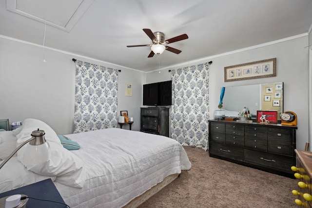 bedroom featuring crown molding, ceiling fan, and carpet