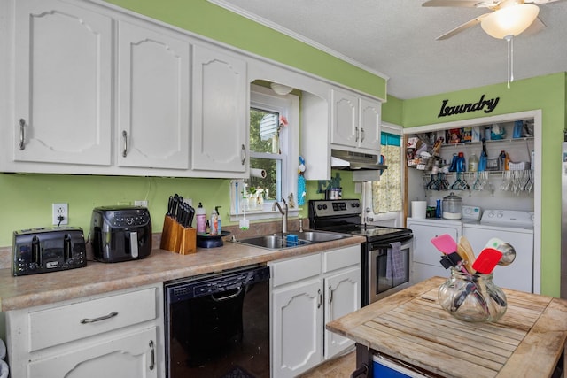 kitchen featuring sink, stainless steel range with electric stovetop, washing machine and dryer, black dishwasher, and white cabinets