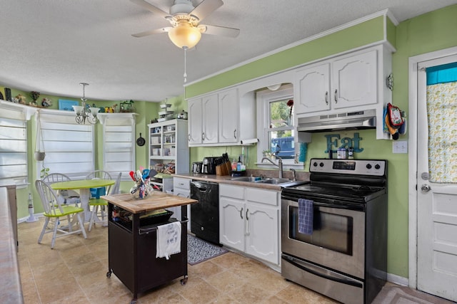 kitchen with ceiling fan, white cabinetry, hanging light fixtures, electric range, and black dishwasher