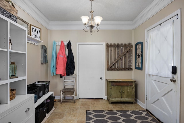 mudroom with crown molding, a textured ceiling, and a notable chandelier