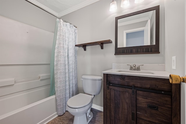 full bathroom with ornamental molding, vanity, shower / tub combo, and toilet