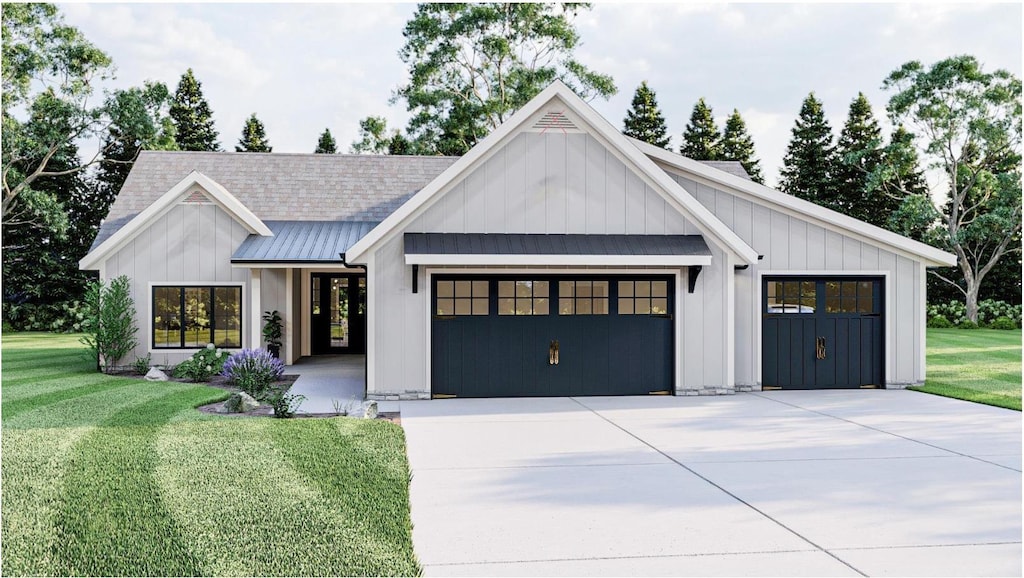 modern farmhouse style home with a front yard, metal roof, a garage, and roof with shingles