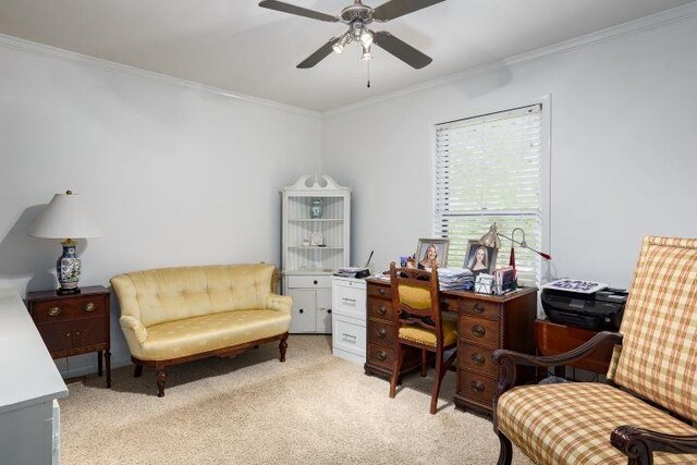  - office with crown molding, light colored carpet, and a ceiling fan