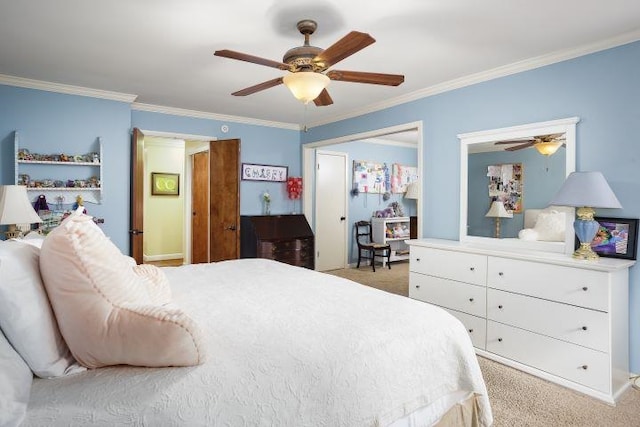  - bedroom featuring light colored carpet, ornamental molding, and ceiling fan
