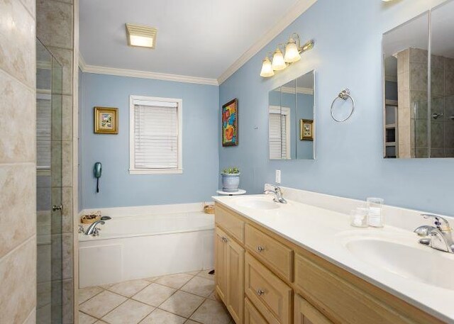  - full bathroom featuring a bath, double vanity, crown molding, tiled shower, and tile patterned floors