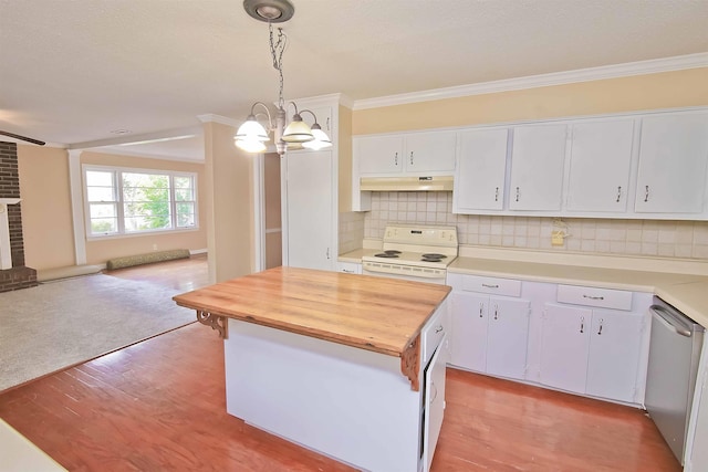 kitchen with a kitchen island, pendant lighting, white cabinets, stainless steel dishwasher, and white range with electric cooktop