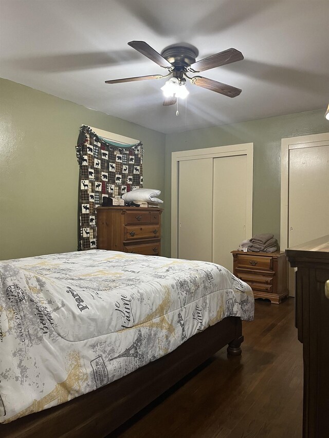 bedroom featuring ceiling fan, a closet, and dark hardwood / wood-style floors